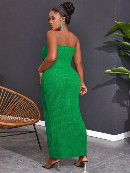 Slaydiva Women plus Size Solid Color Strapless Knotted Bodycon Dress